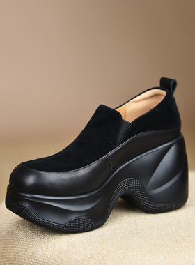 misili 一脚蹬粗跟单鞋9cm高跟鞋2026春秋季新款厚底拼接真皮女鞋