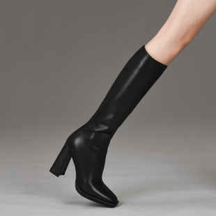 misili 新款 高跟鞋 黑色女靴子 9.8cm方头平底粗跟长靴女2026秋冬季