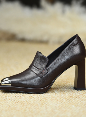 misili方头粗跟单鞋8.5cm高跟鞋2026春季新款一脚蹬厚底真皮女鞋