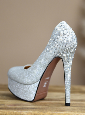 misili圆头细跟浅口单鞋2026春夏季新款高跟鞋水钻防水台厚底女鞋