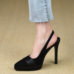 尖头高跟鞋 12.2cm包头细跟凉鞋 2026夏季 新款 一字扣带厚底真皮女鞋