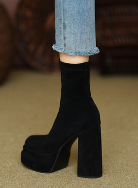 misili秋冬季袜靴厚底女靴子12.5cm弹力瘦瘦靴粗跟短靴新款高跟鞋