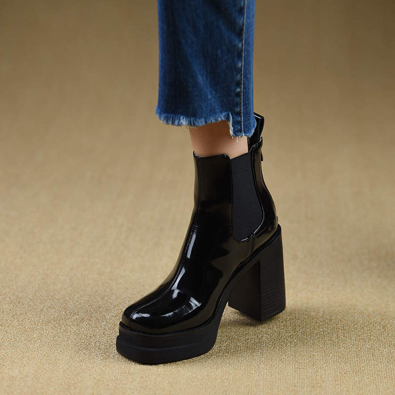 misili时装靴粗跟漆皮防水台短靴