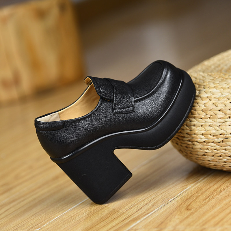 misili乐福鞋粗跟单鞋10cm一脚蹬高跟鞋2026春季新款厚底真皮女鞋,女鞋,深口单鞋,淘宝优惠券,粉丝福利购,淘宝优惠卷