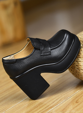 misili乐福鞋粗跟单鞋10cm一脚蹬高跟鞋2026春季新款厚底真皮女鞋