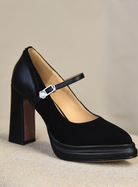 misili 复古风磨砂玛丽珍鞋女一字扣粗跟防水台百搭黑色高跟鞋