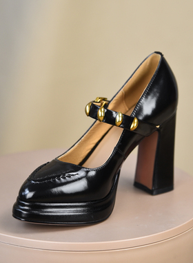 misili 一字扣带粗跟浅口单鞋9.8cm高跟鞋2026春夏季新款厚底女鞋