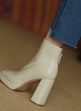misili 白色短靴女2024新款真皮粗跟女靴子防水台秋冬后拉链单靴