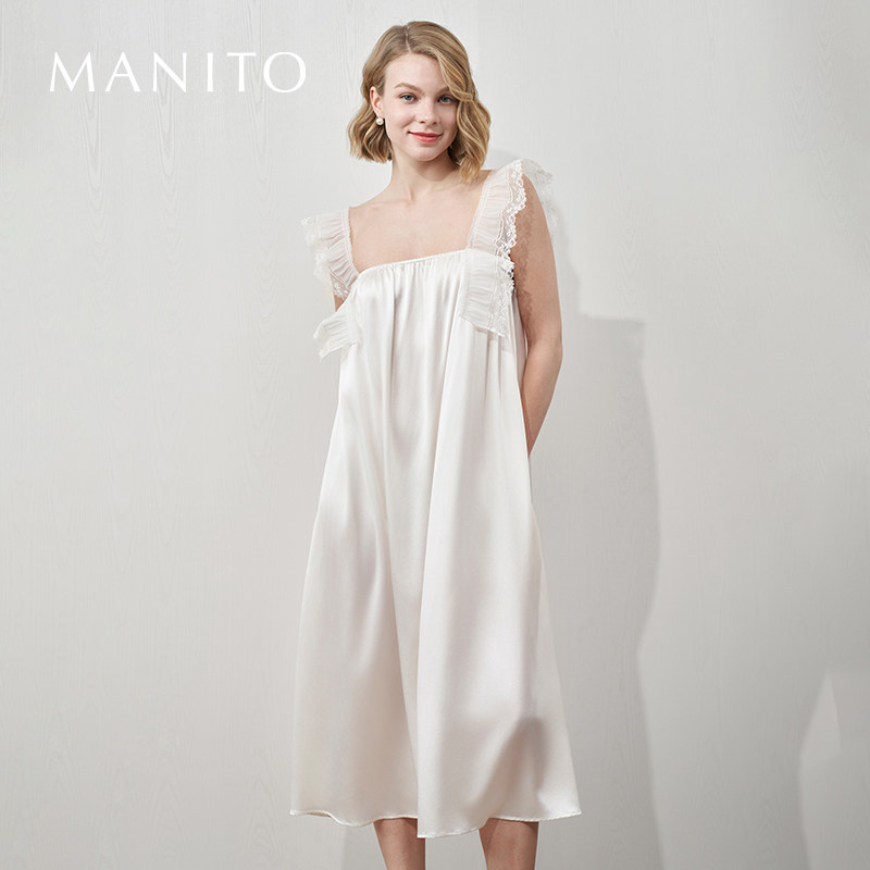 MANITO/曼尼陀Angel桑蚕丝背心连衣裙蕾丝花边吊带肩带A版长睡裙