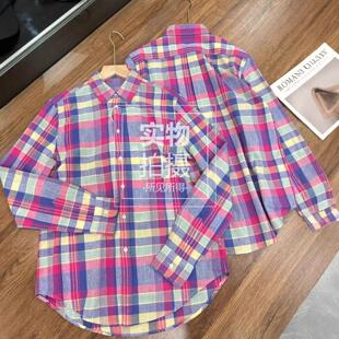 老钱风RL小马刺绣粉色格纹衬衫经典百搭正肩上衣翻领衬衣棉