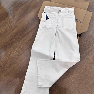 RL26春新款老钱风撞色缝线高腰休闲阔腿白色牛仔裤棉女款