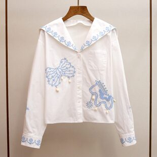 南油高品质女装春季新款学院风减龄重工绣花海军领衬衫上上衣