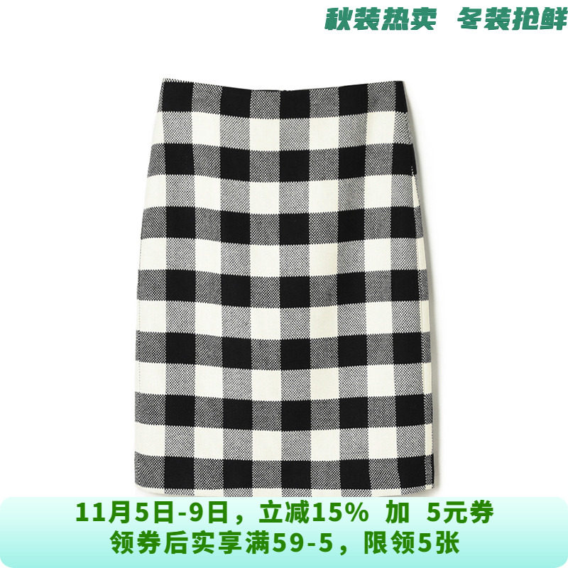 YU0B0001含绵羊毛包臀中长裙格纹半身裙女11.2冬
