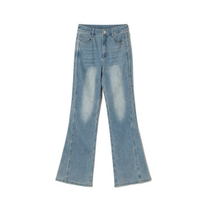 女3.16春 子牛仔裤 9魅KZ0S0031高腰微喇长裤 遮胯宽裤