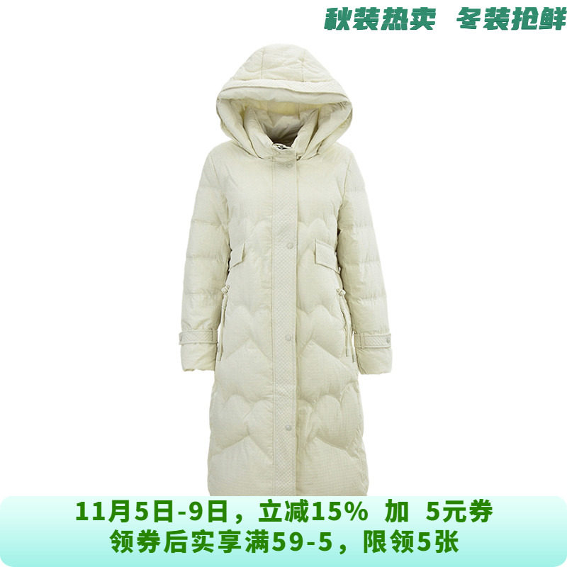 YR1B0029韩版时尚长款连帽修身白鸭绒羽绒服女10.24冬