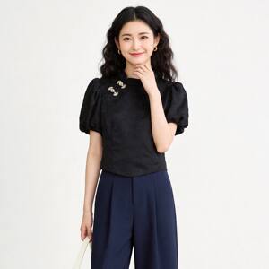 高端NE0D0001金属扣泡泡袖短款上衣衬衫女6.11夏