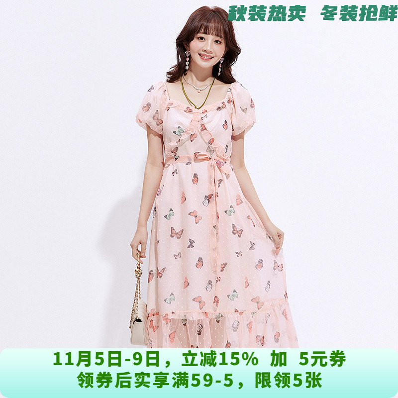 HC0A0020雅致印花中长裙高腰短袖裙子连衣裙女6.13夏