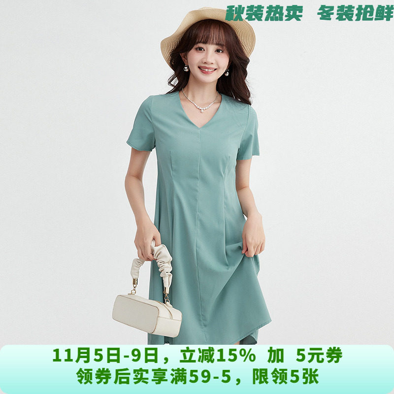 UW0A0001素雅通勤中裙短袖V领裙子连衣裙女4.22夏
