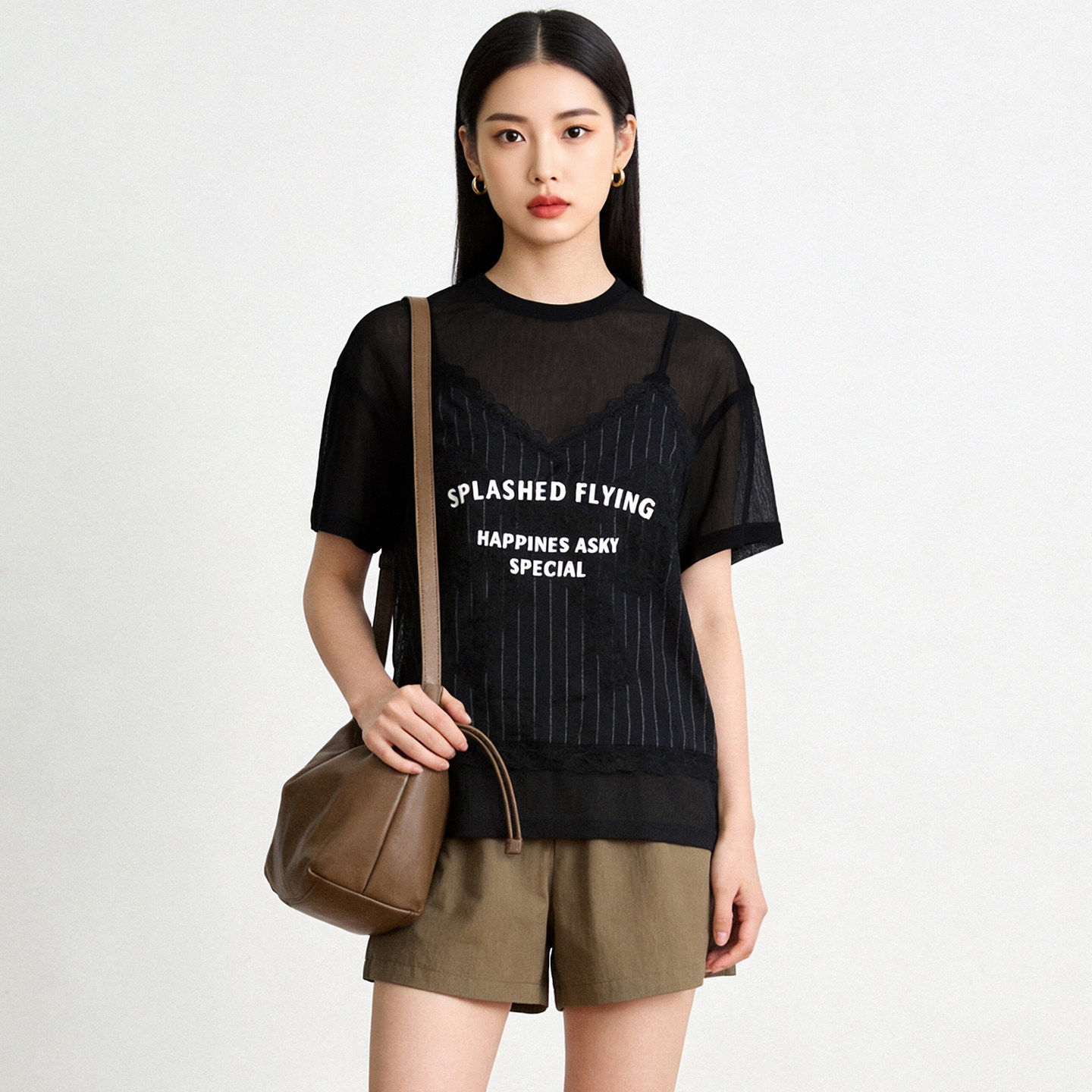 深圳南油NY0C0080拼接字母印花假两件上衣T恤女5.1夏