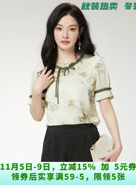KA0F0004素雅印花五分袖上衣一粒扣雪纺衫女7.6夏