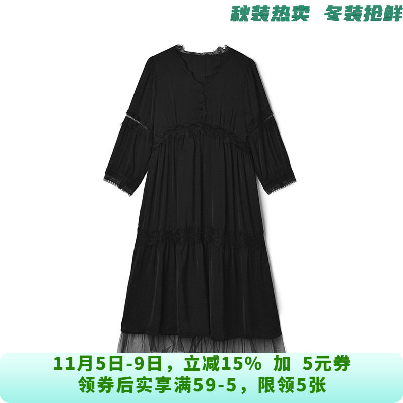 QY0A0009网纱拼接中长裙九分袖裙子连衣裙女8.20秋