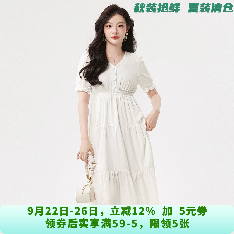 【热】9魅ZV0A0015松紧腰V领中长裙五分袖裙子连衣裙女2025夏