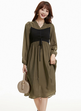 AM0A0007松紧腰中长裙拼接设计裙子连衣裙女8.5秋