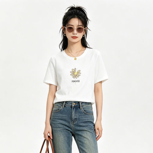 9魅KD0C0032韩系百搭时尚圆领花朵图案上衣T恤女6.2夏