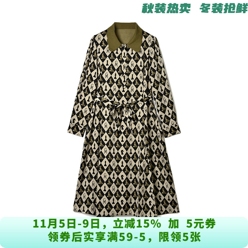 GJ0A0001素雅印花中长裙可开扣裙子连衣裙女9.25秋