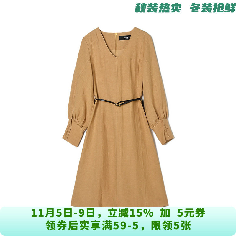 WG0A0004含亚麻中长裙系腰带裙子连衣裙女8.10秋