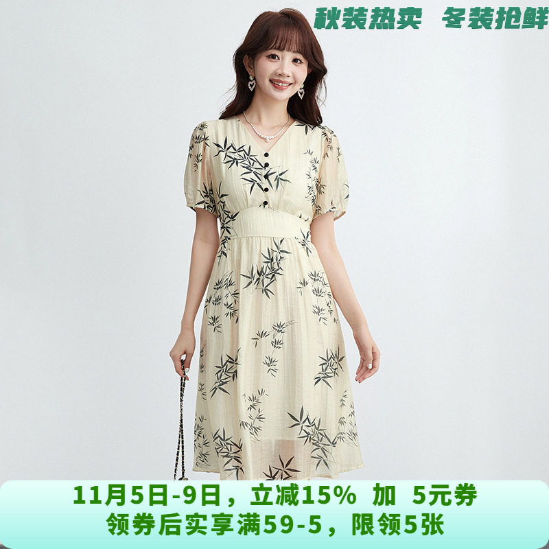 HG0A0101拼色印花中裙五分袖裙子连衣裙女5.27夏