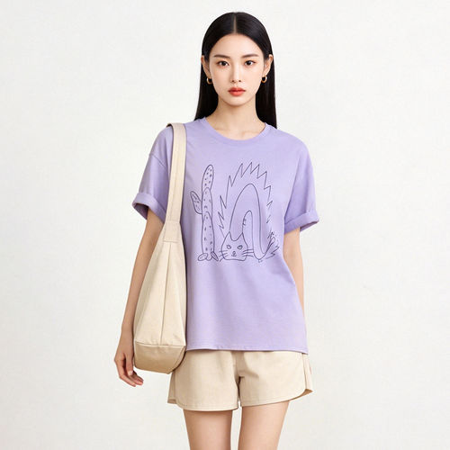 BV0C0027猫咪印花直筒纯棉百搭上衣T恤女6.19夏
