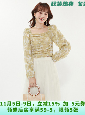 AM0D0066雅致印花长袖上衣修身显瘦衬衫女8.5秋