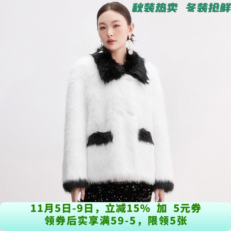 DR1H0028拼色双排扣黄金绒大衣毛呢外套女9.9冬