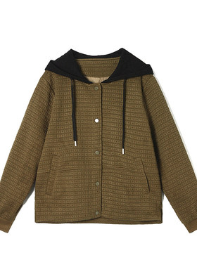 TE0K0017拼色连帽长袖上衣单排扣暗扣外套女4.16春