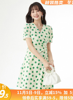 HC0A0048拼色波点中裙棉质短袖裙子连衣裙女4.11夏