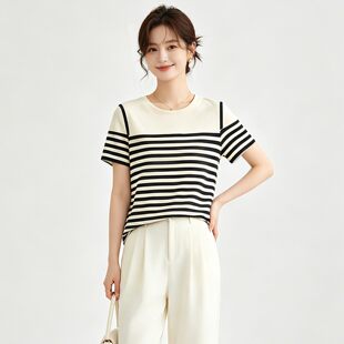 XA0C0007百搭休闲直筒款条纹套头上衣T恤女5.27夏