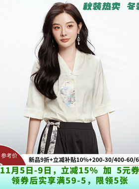 KB0D0011国风刺绣图案上衣套头五分袖衬衫女2025夏