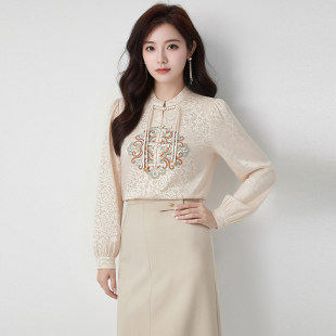 AL0D0032可开扣长袖 女3.16春 上衣宽松绣花国风衬衫