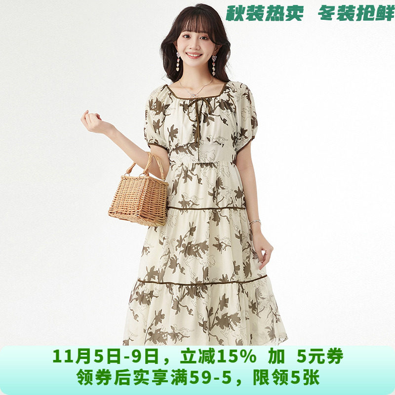 HC0A0035松紧腰中长裙温柔印花裙子连衣裙女6.24夏
