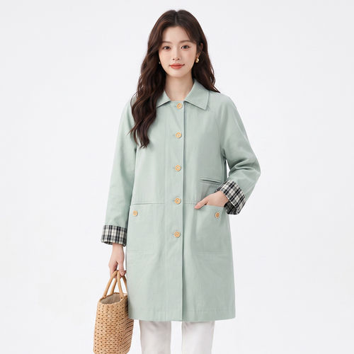BY0J0003格纹袖口单排扣长款百搭风衣外套女8.25秋