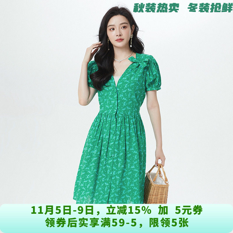 深圳南油NY0A0381设计感蝴蝶结中裙连衣裙女6.1夏