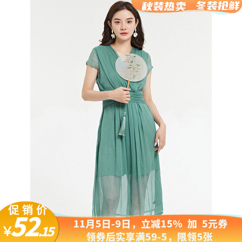朝清仓文艺女装 品牌折扣店九魅尾货简单大方收腰显瘦V领连衣裙夏