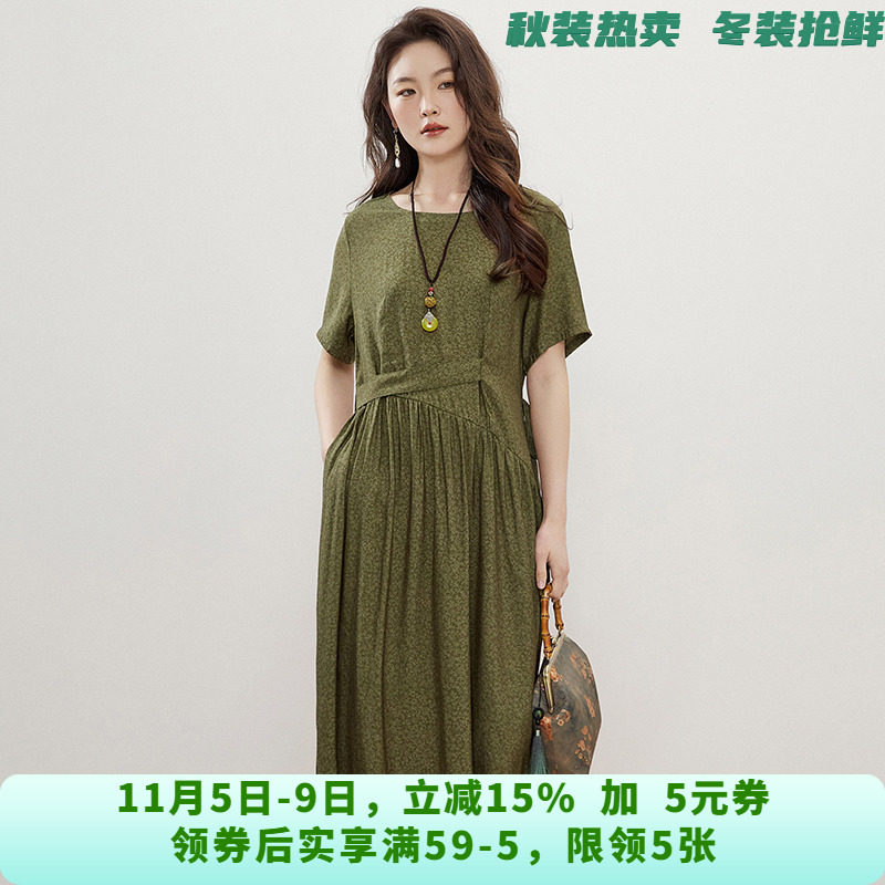 RJ0A0003民族风中长裙短袖圆领妈妈装裙子连衣裙女夏