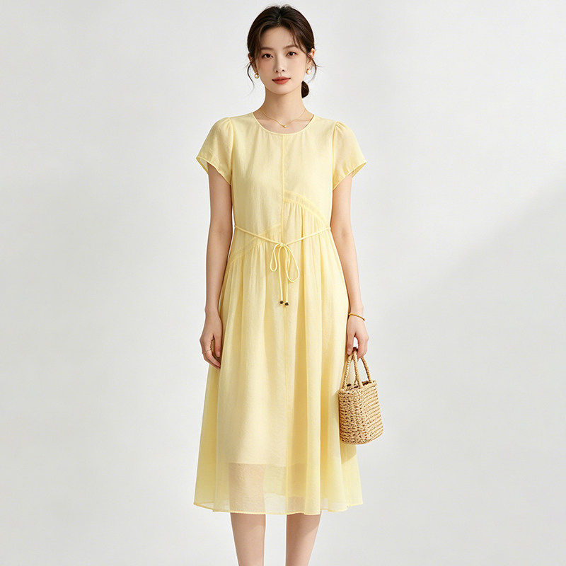 ZU0A0022简约淑女气质短袖裙子一粒扣连衣裙女5.1夏