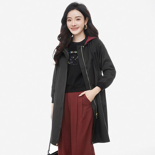 YW0J0002休闲风松紧腰连帽长款风衣外套女2.25春
