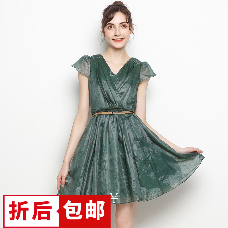 【4.5折包邮】FL系列女装品牌剪标折扣尾货夏连衣裙遮肉大摆裙