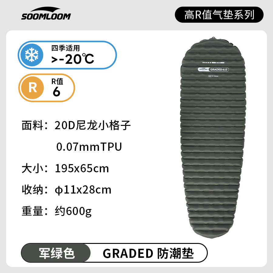 soomloom高R值户外露营充气防潮垫休闲垫登山徒步便携单人气睡垫