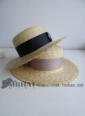 原色麦杆草帽 女士夏天平顶帽网红款小清新平顶麦秆太阳帽 042201