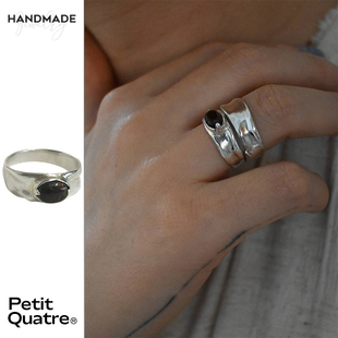 PetitQuatre纯手工制通体925银镶嵌火玛瑙戒指宽素圈情侣男女同款